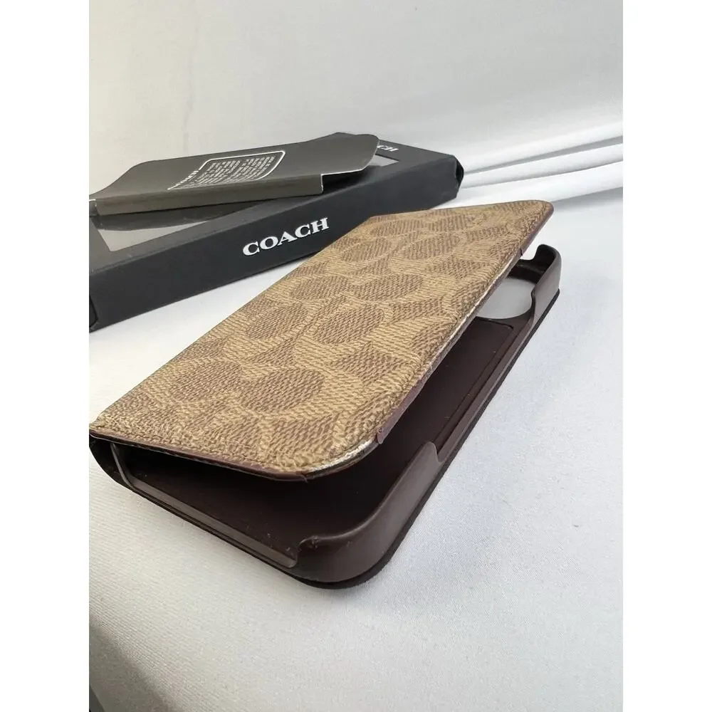 Coach 2024 iPhone 16 Folio Wallet Case Signature C Khaki Tan - Box Included